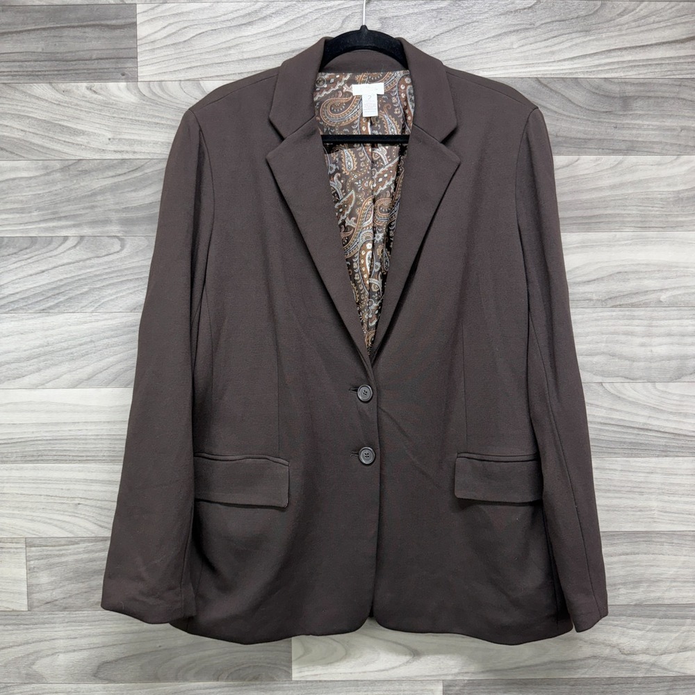 Chico's Blazer Women's Large/2 Brown Stretch Single Breasted Classic Notch Lapel